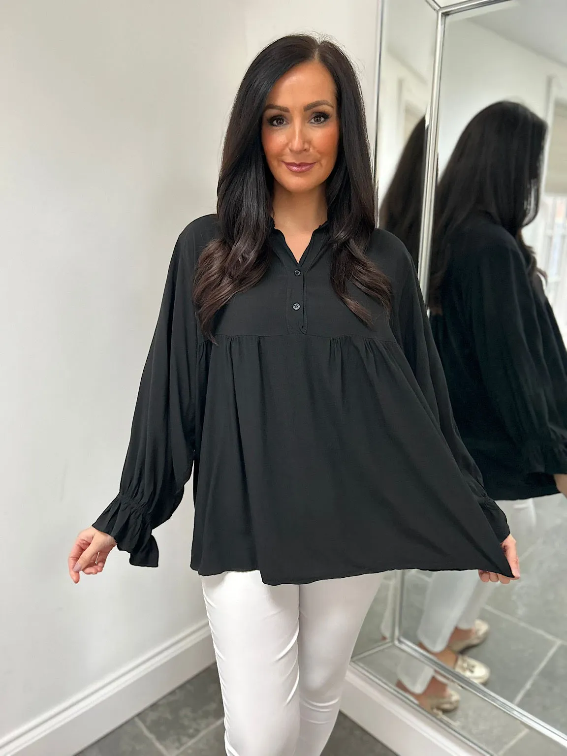 Black Lightweight Frill Sleeve Top Felicity