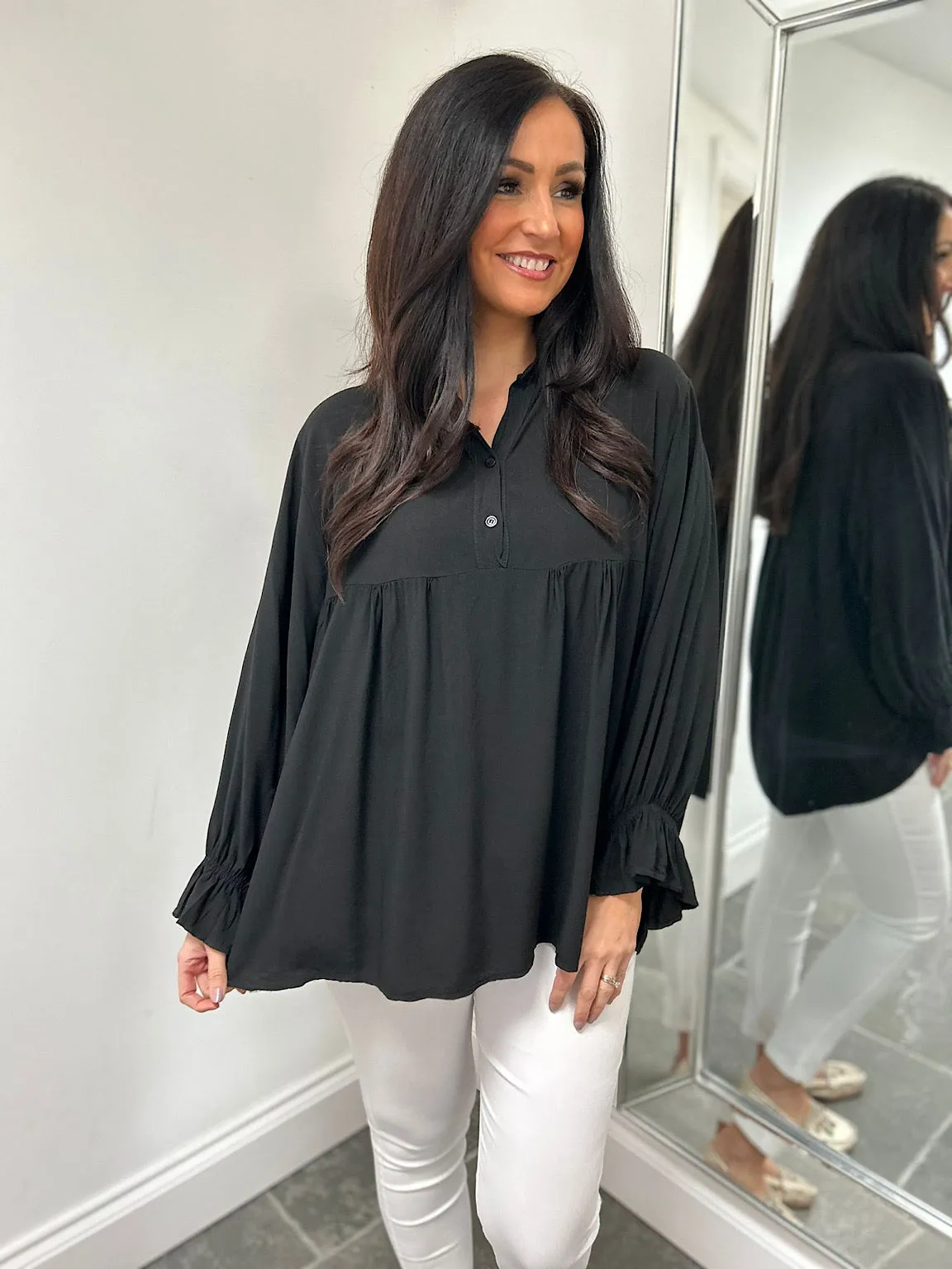 Black Lightweight Frill Sleeve Top Felicity