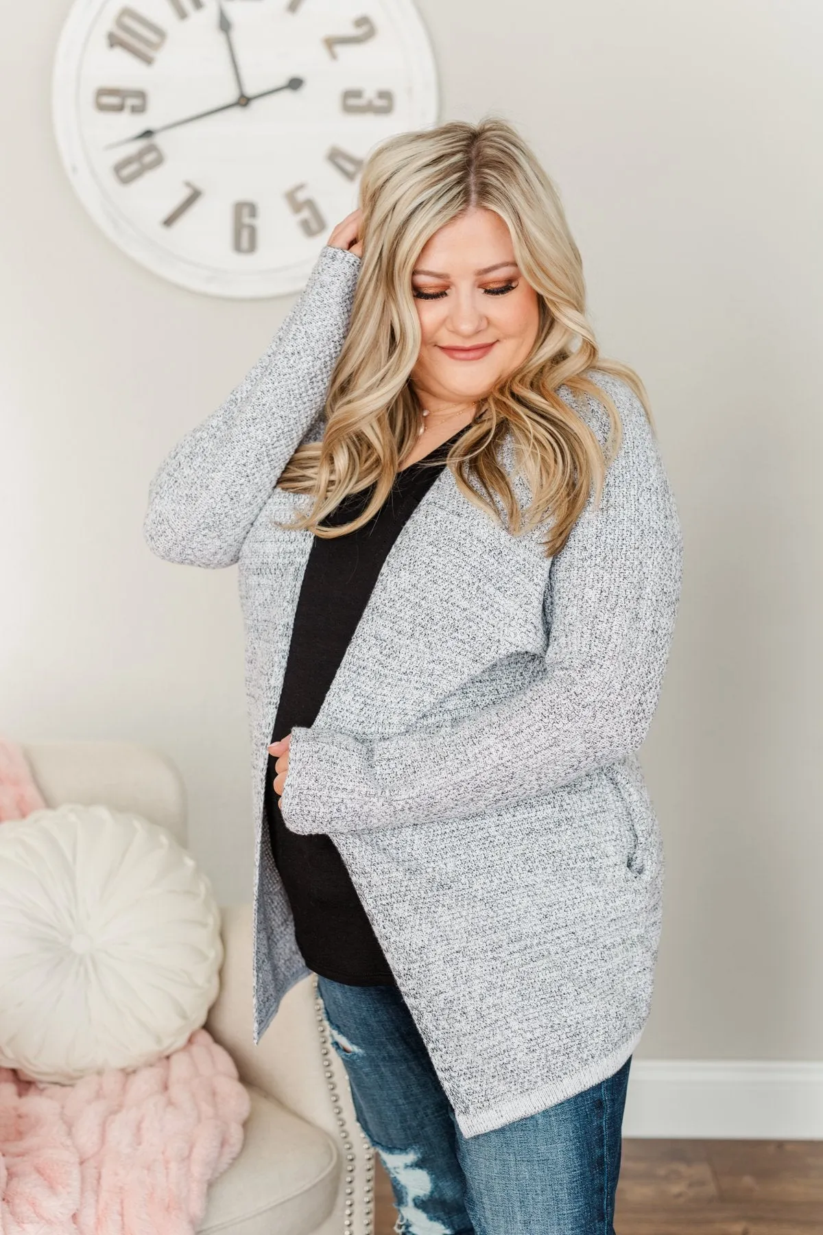 Blissful Mornings Open Knit Cardigan- Heather Grey