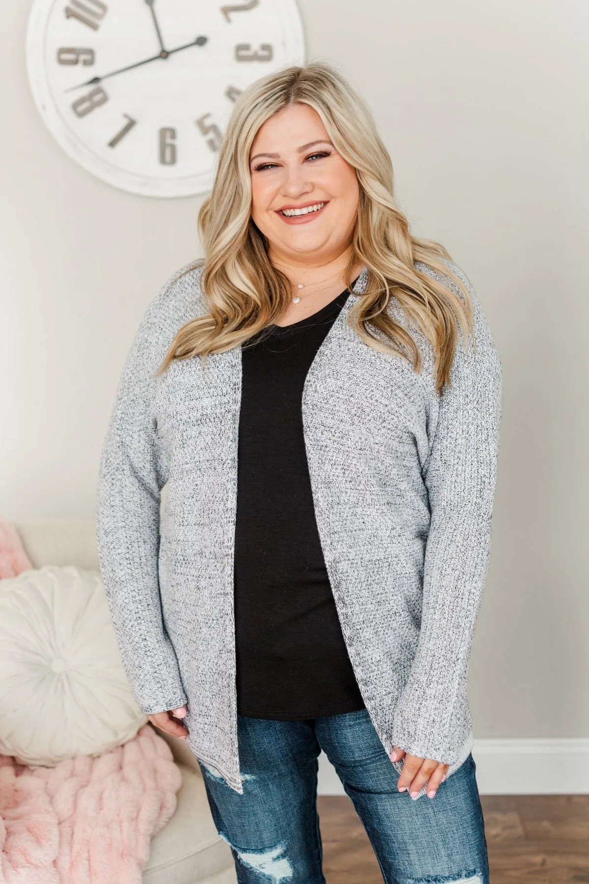 Blissful Mornings Open Knit Cardigan- Heather Grey