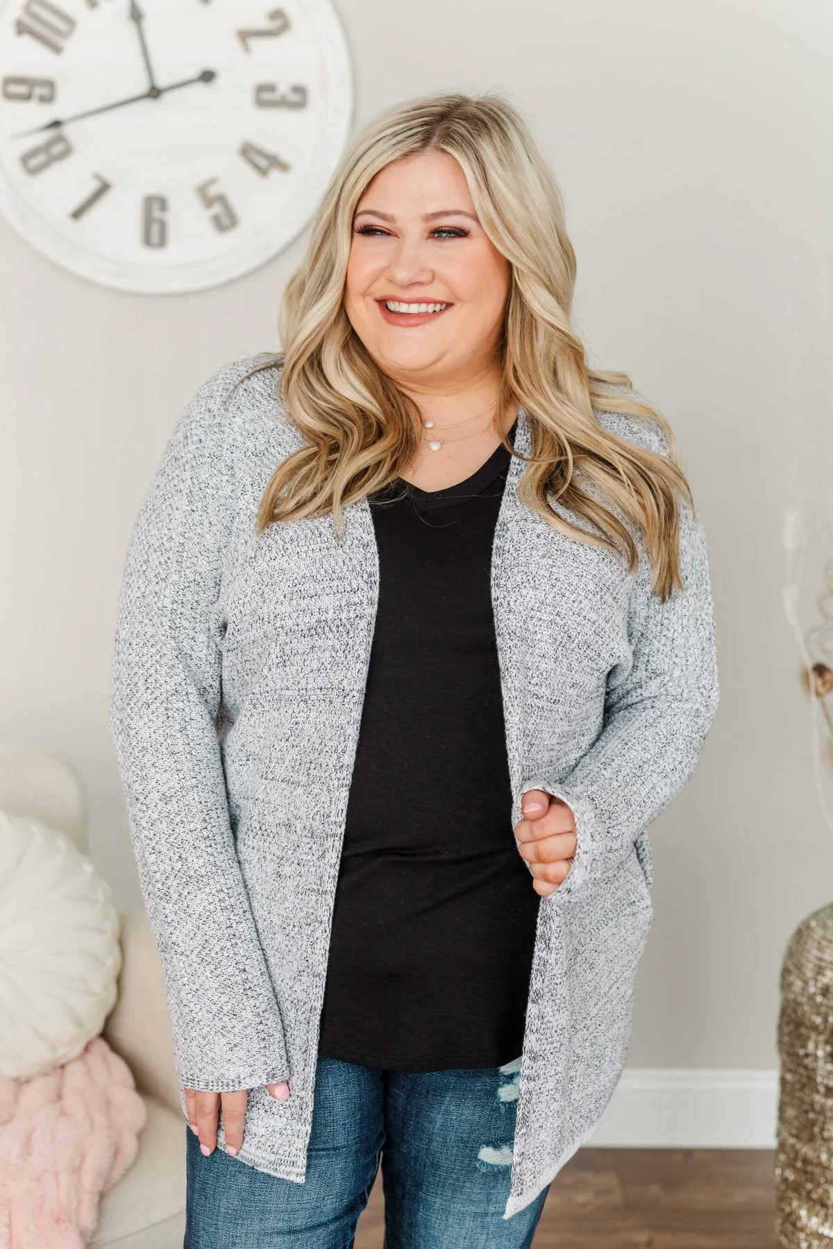 Blissful Mornings Open Knit Cardigan- Heather Grey