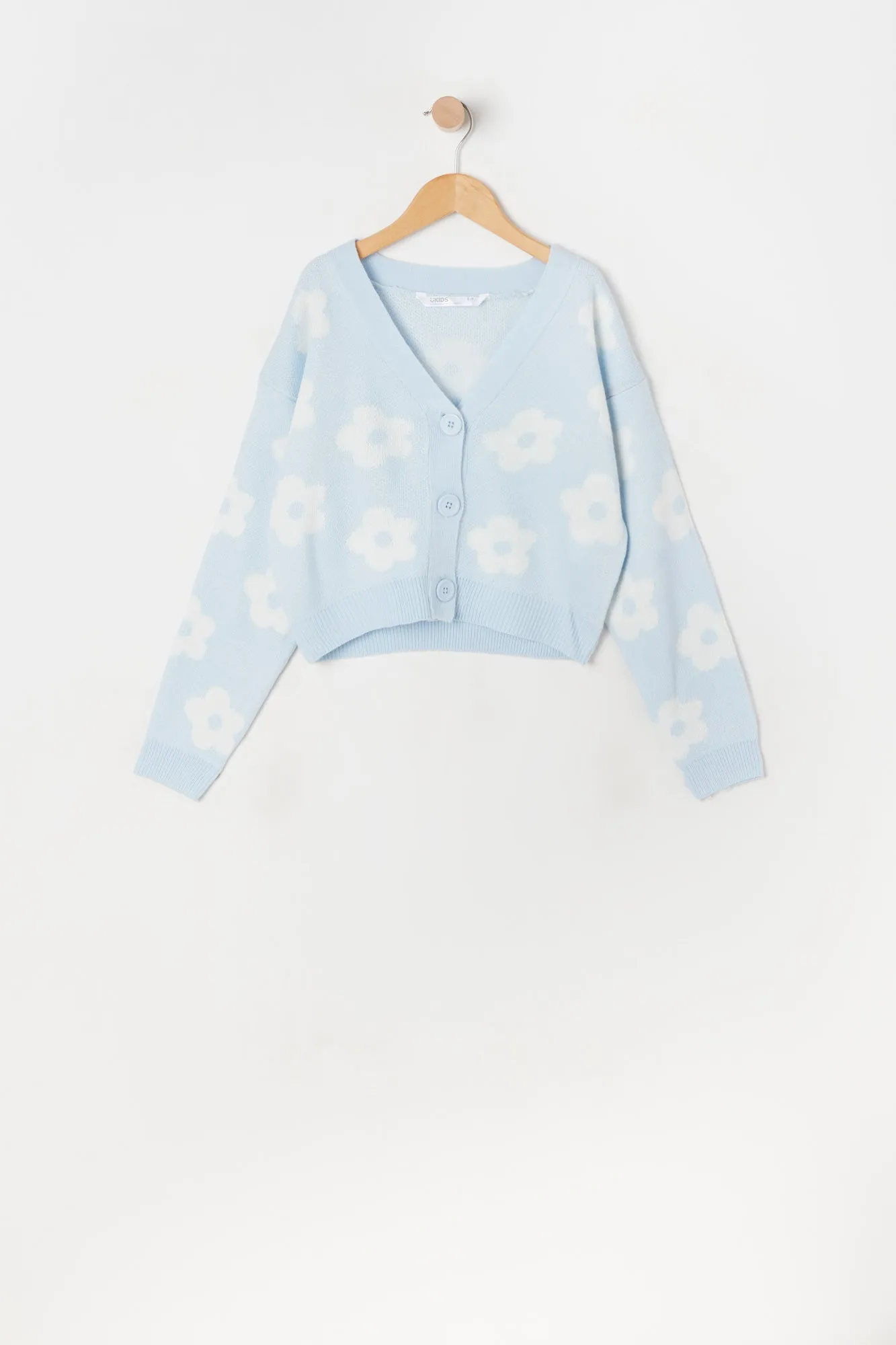 Cardigan boutonné en tricot jacquard avec imprimé Marguerite bleue pour fille