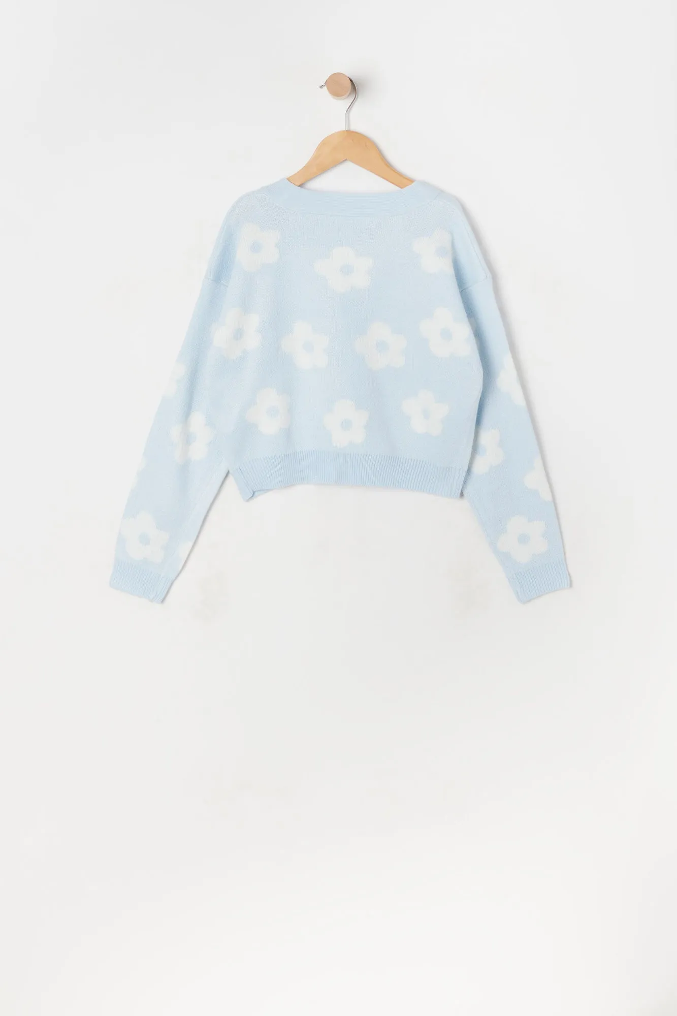 Cardigan boutonné en tricot jacquard avec imprimé Marguerite bleue pour fille