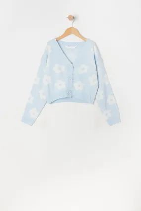 Cardigan boutonné en tricot jacquard avec imprimé Marguerite bleue pour fille