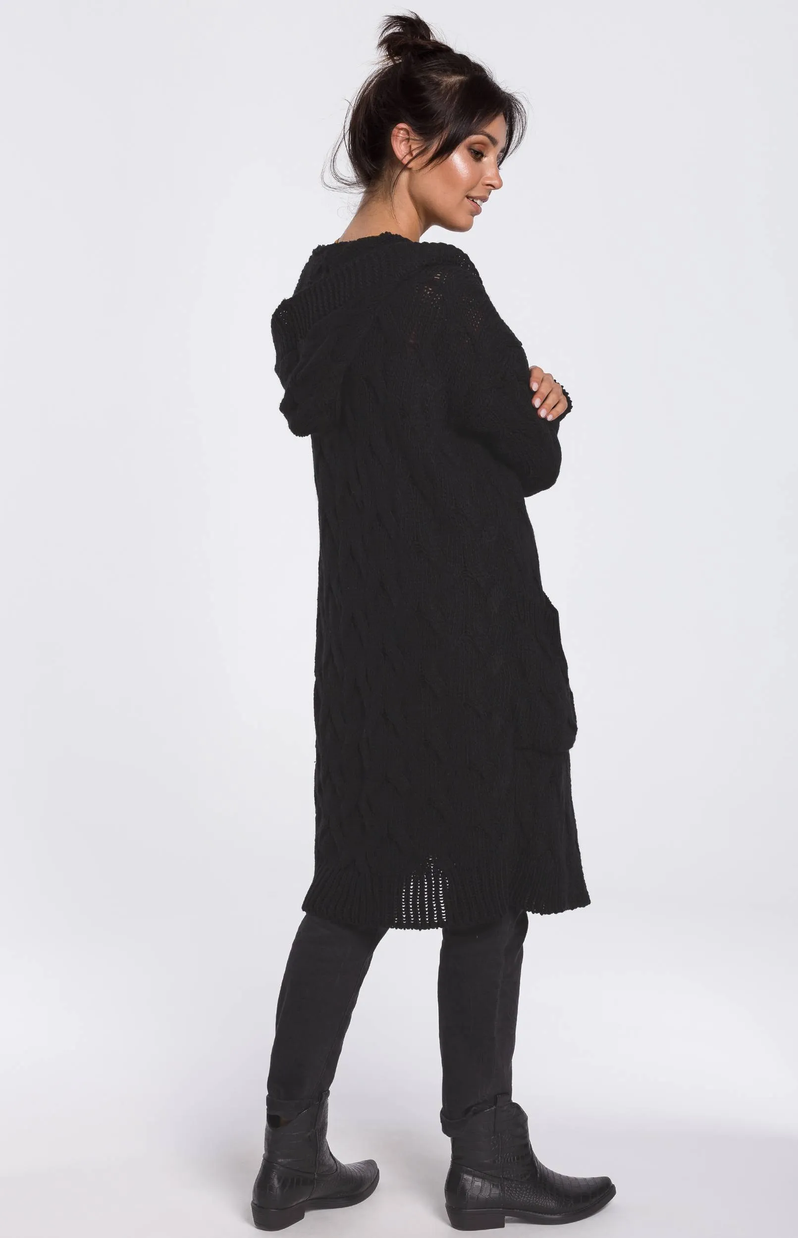 Cardigan long torsadé à capuche noir