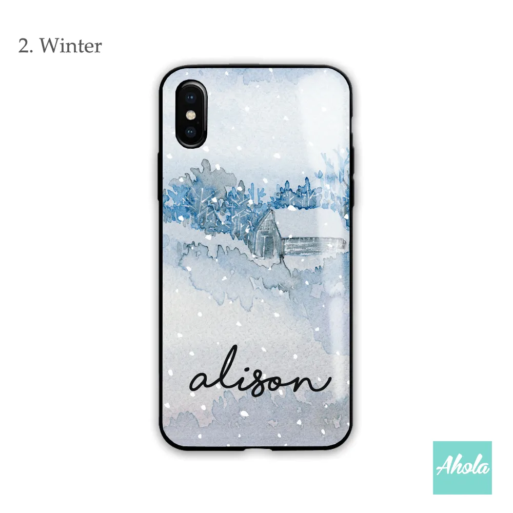 【Christmas】Black bumper tempered glass phone Case 聖誕圖全包邊玻璃名字電話殼