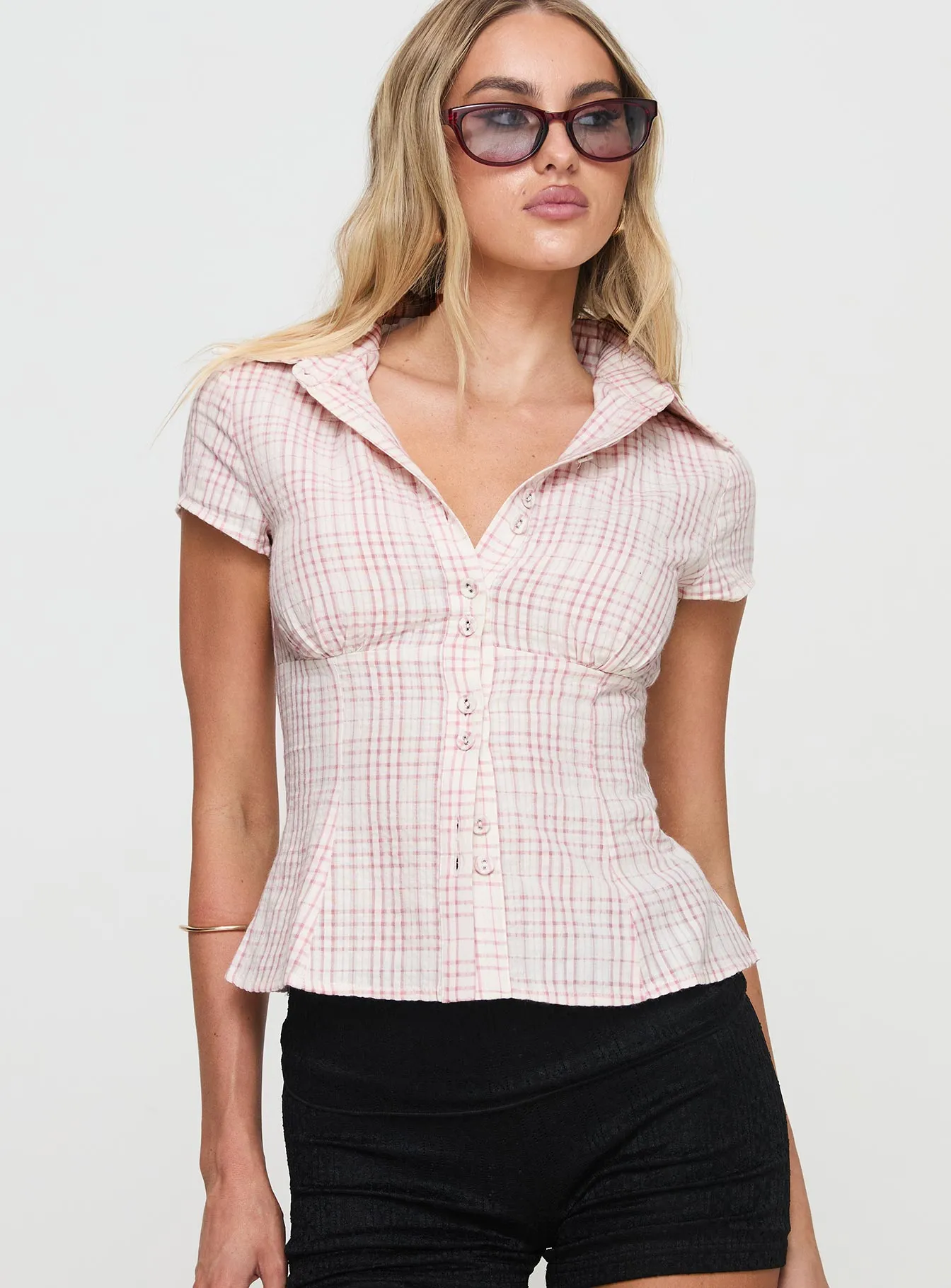 Cottesloe Blouse Top Pink Check