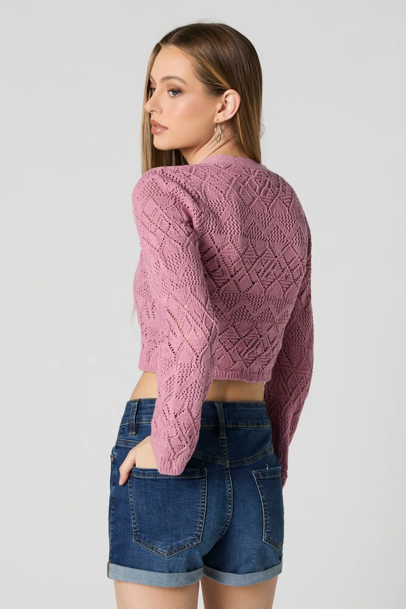 Crochet Front Tie Cropped Long Sleeve Top