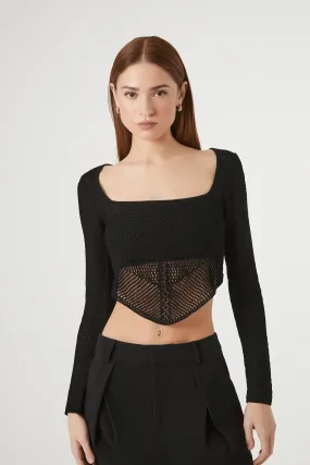 Crochet Knit V-Hem Long Sleeve Crop Top