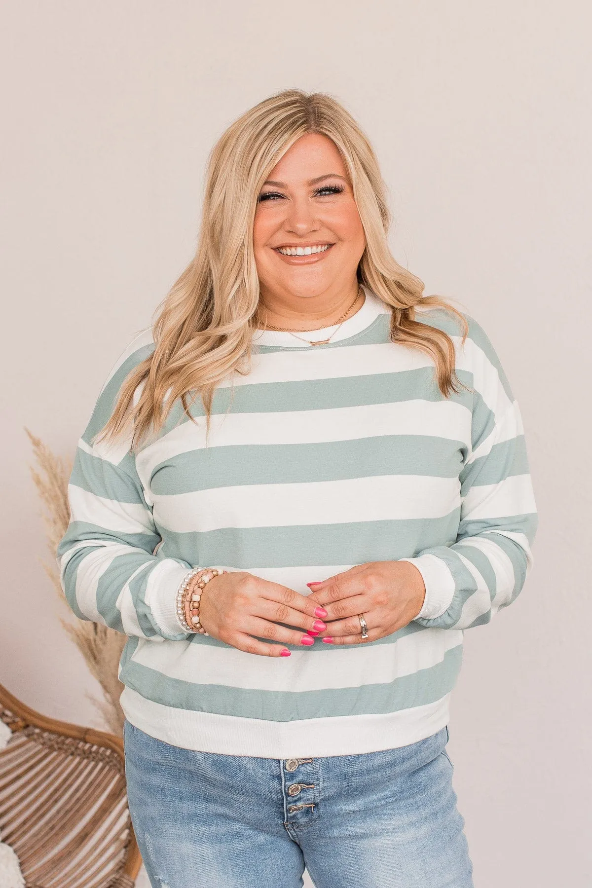 Cute As A Peach Striped Top- Dusty Blue