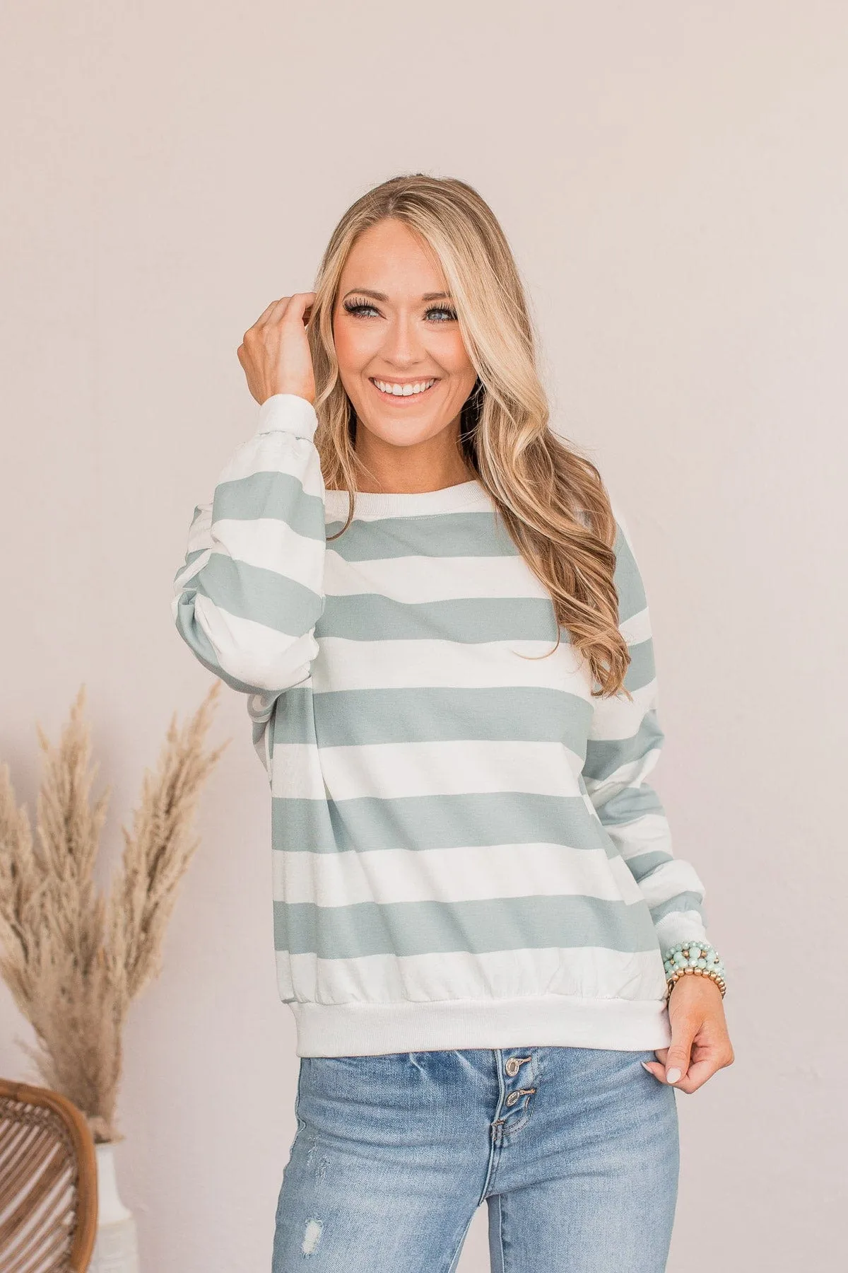 Cute As A Peach Striped Top- Dusty Blue