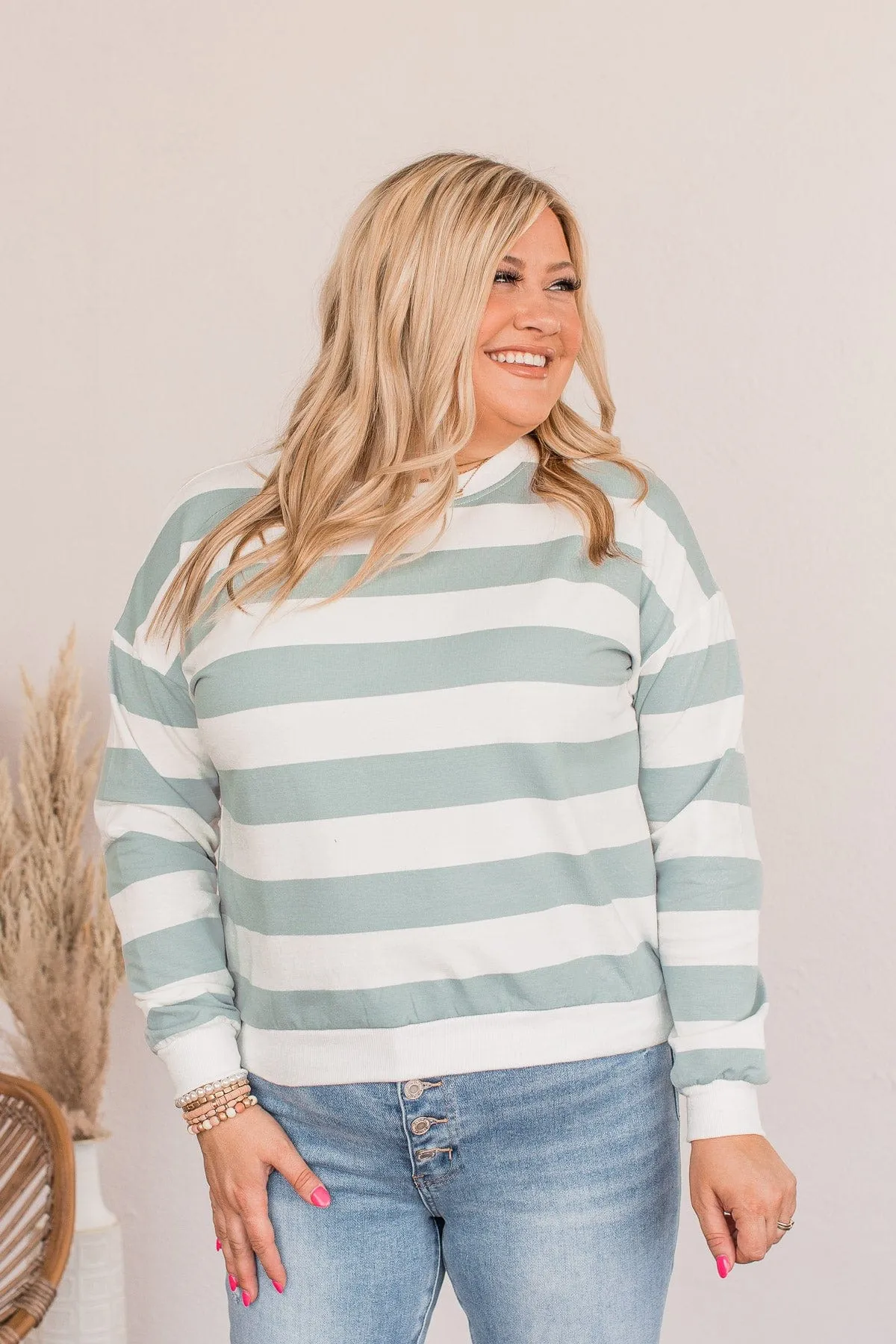 Cute As A Peach Striped Top- Dusty Blue