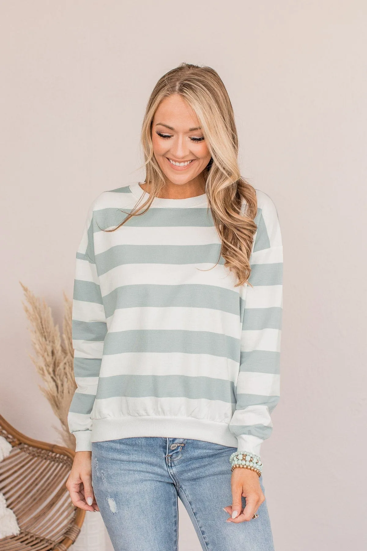 Cute As A Peach Striped Top- Dusty Blue