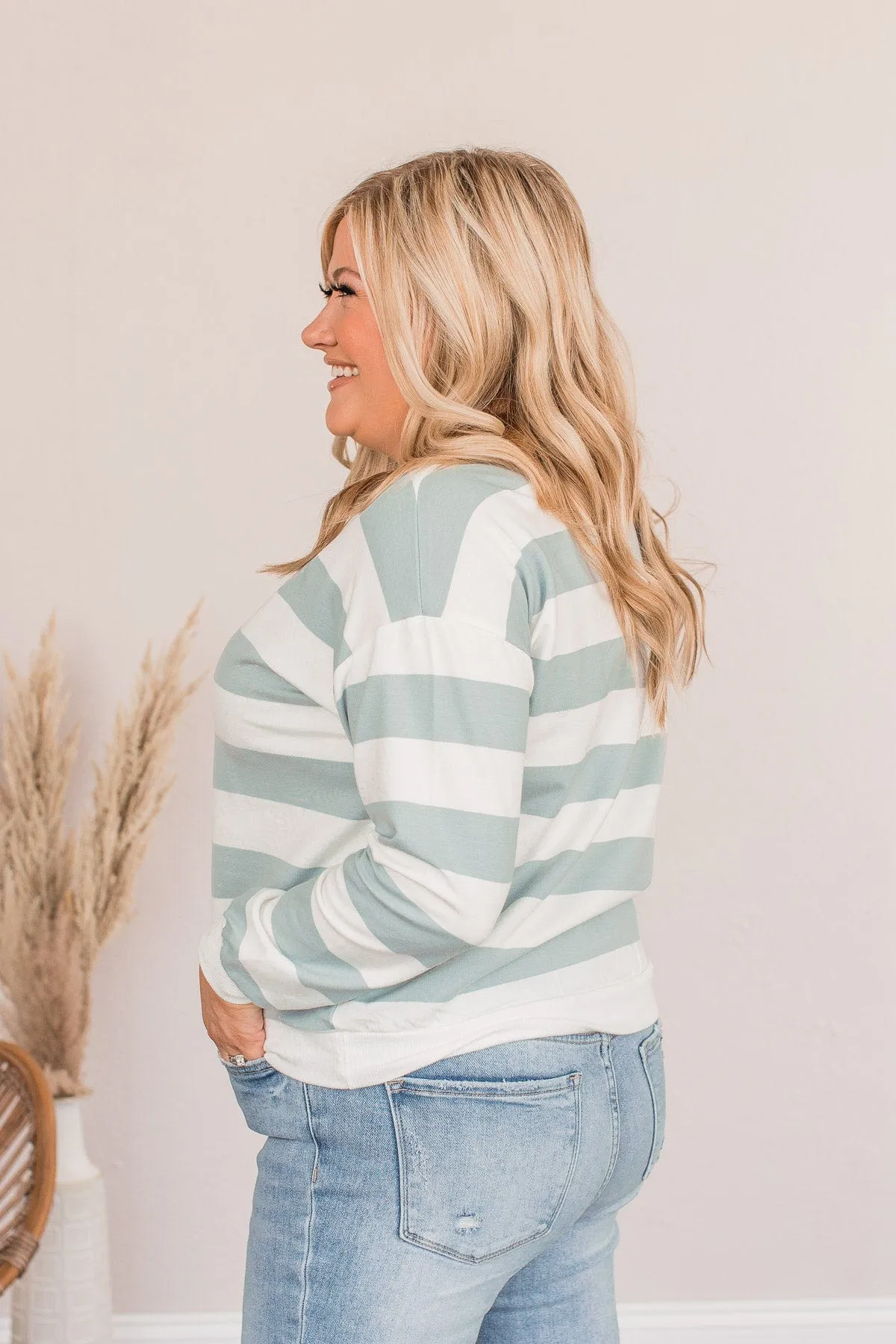 Cute As A Peach Striped Top- Dusty Blue