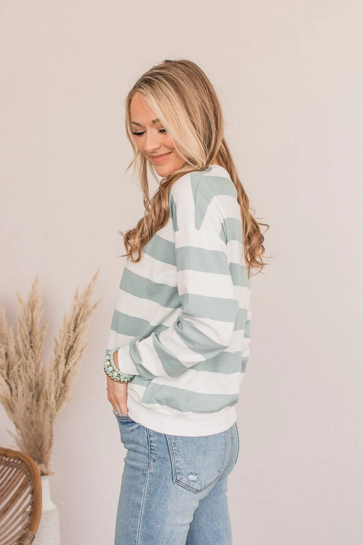 Cute As A Peach Striped Top- Dusty Blue