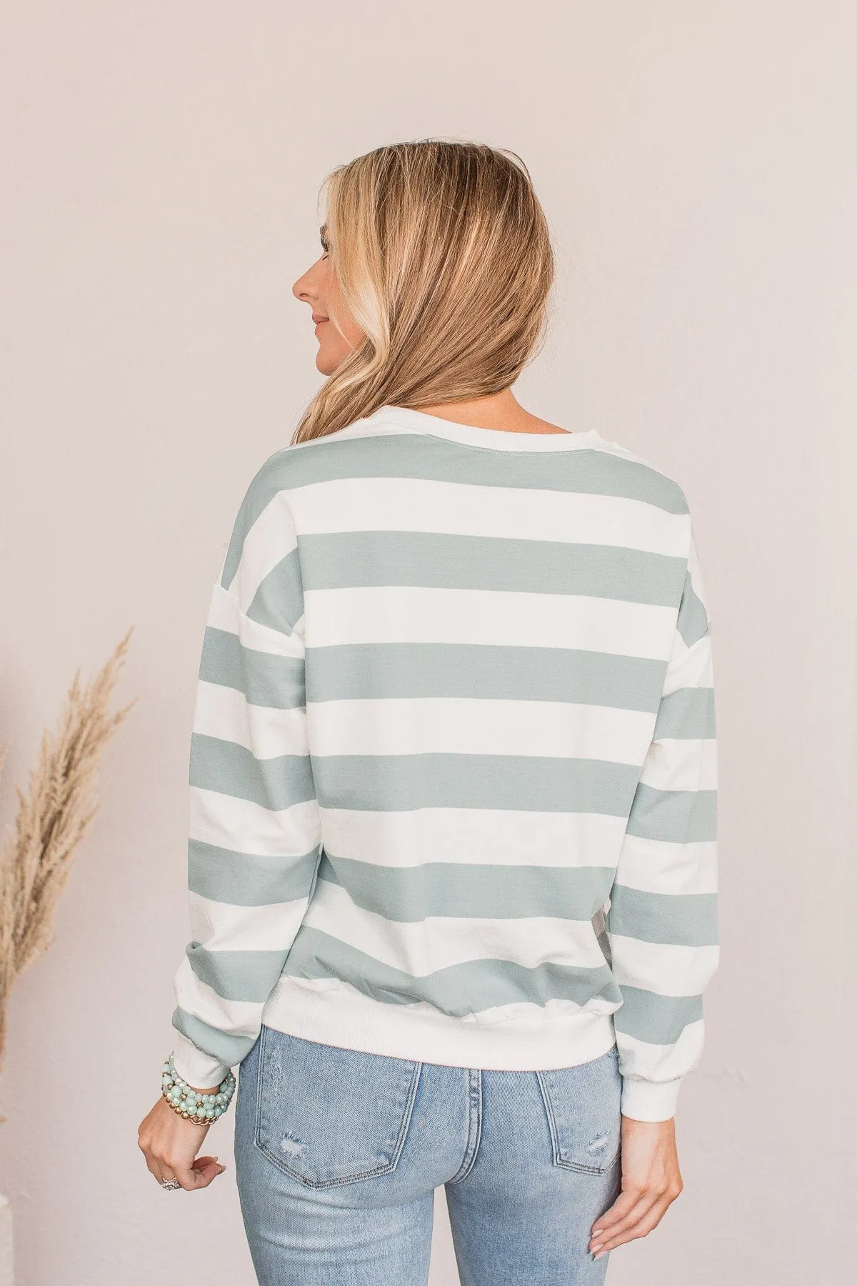 Cute As A Peach Striped Top- Dusty Blue