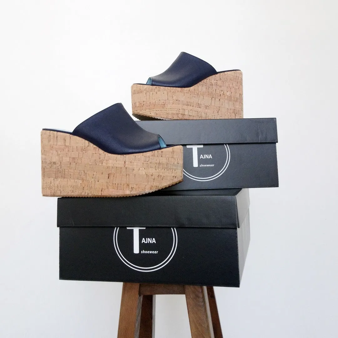 Dark Navy Blue Wedge Platform Mules