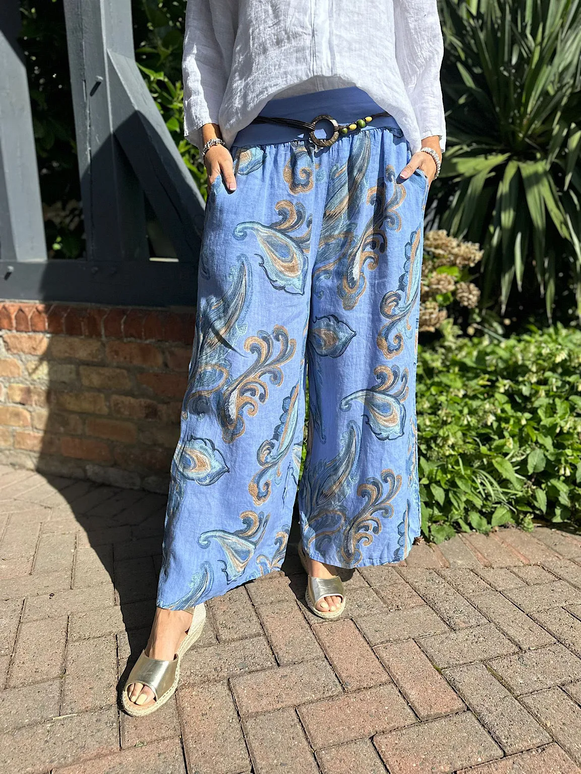 Denim Linen Sketched Paisley Wide Leg Trousers