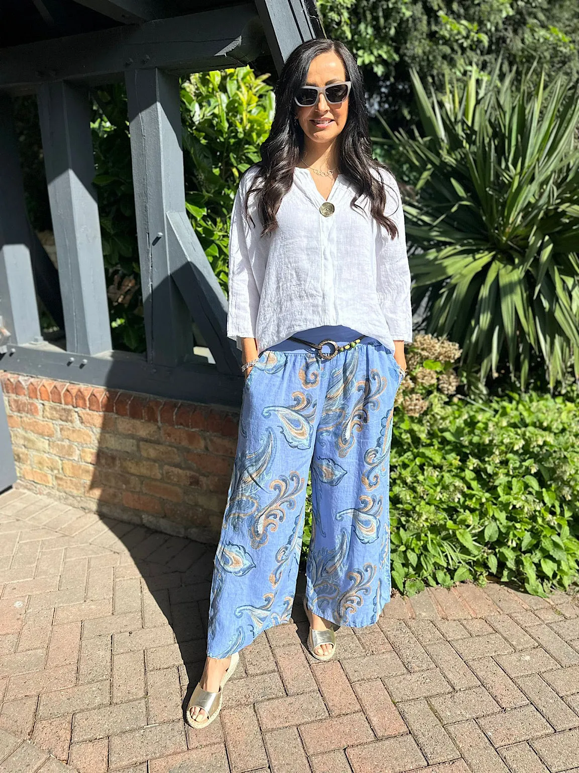 Denim Linen Sketched Paisley Wide Leg Trousers