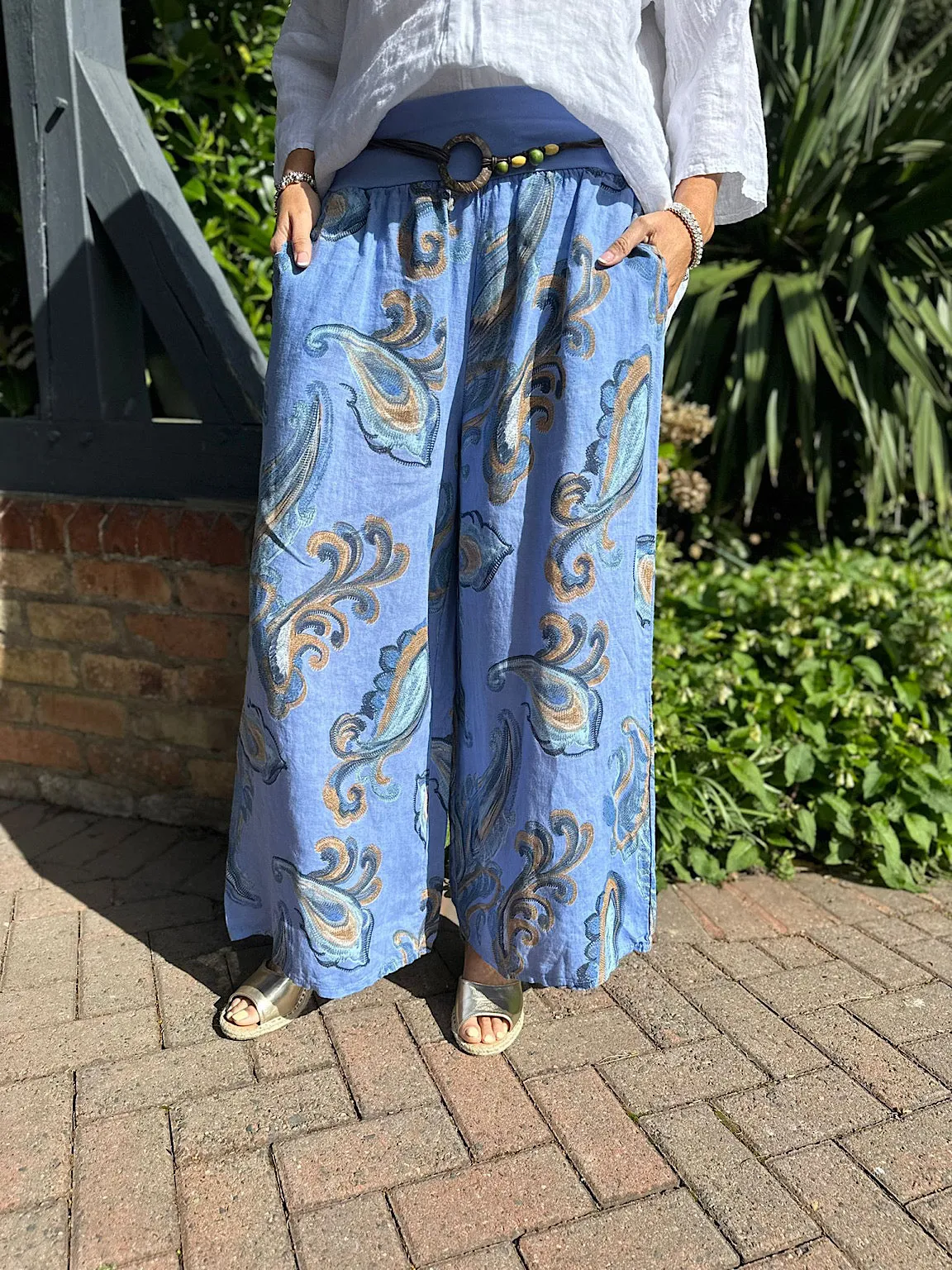 Denim Linen Sketched Paisley Wide Leg Trousers