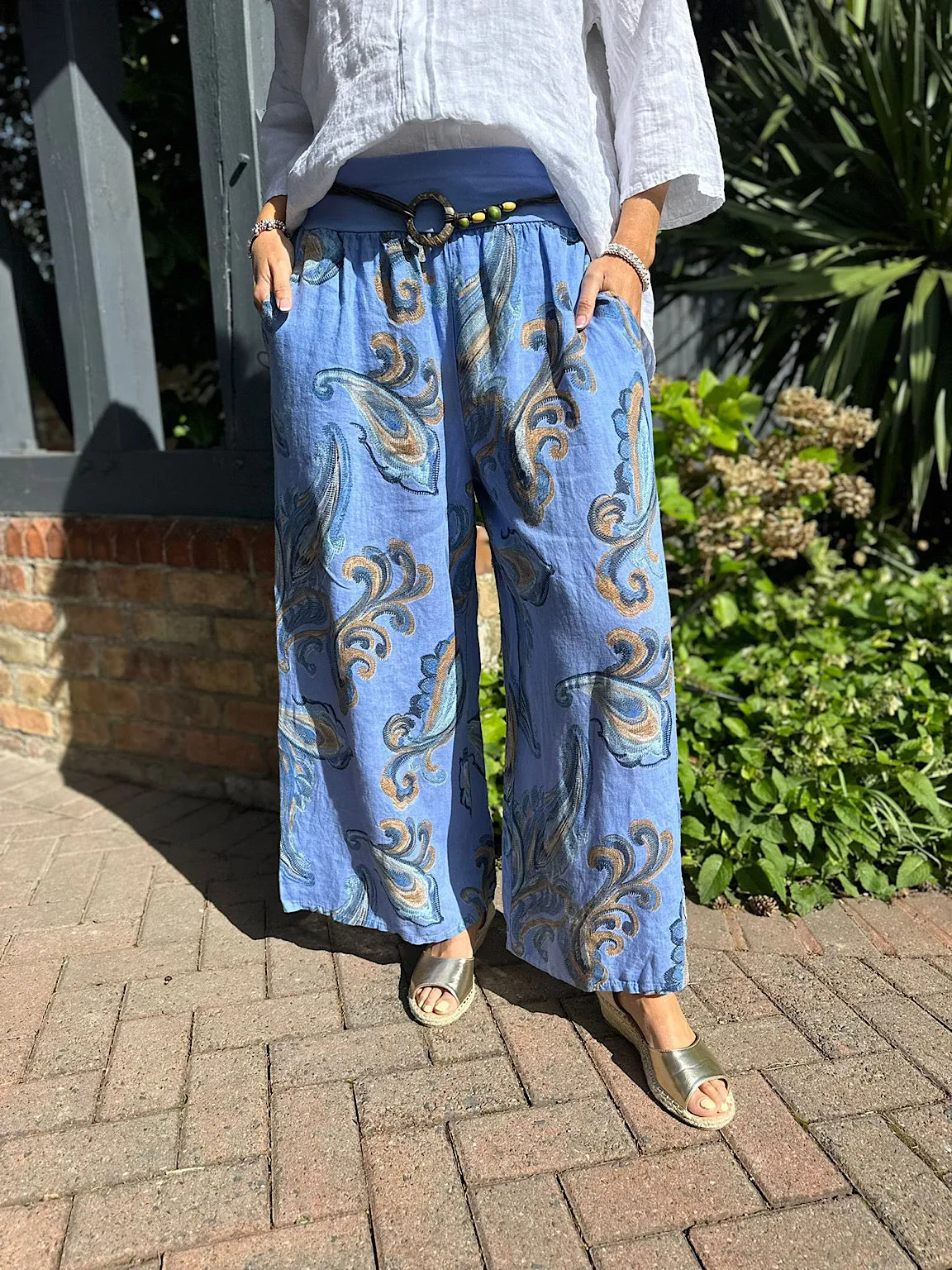 Denim Linen Sketched Paisley Wide Leg Trousers