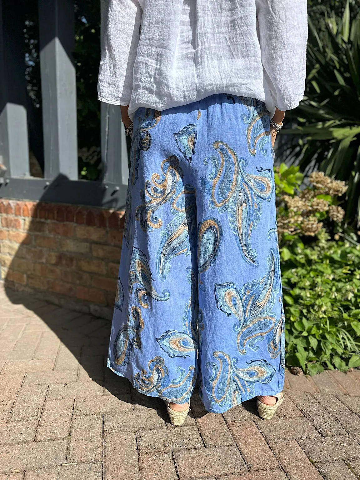 Denim Linen Sketched Paisley Wide Leg Trousers