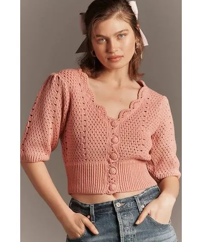 English Factory Crochet Cropped Cardigan Sweater