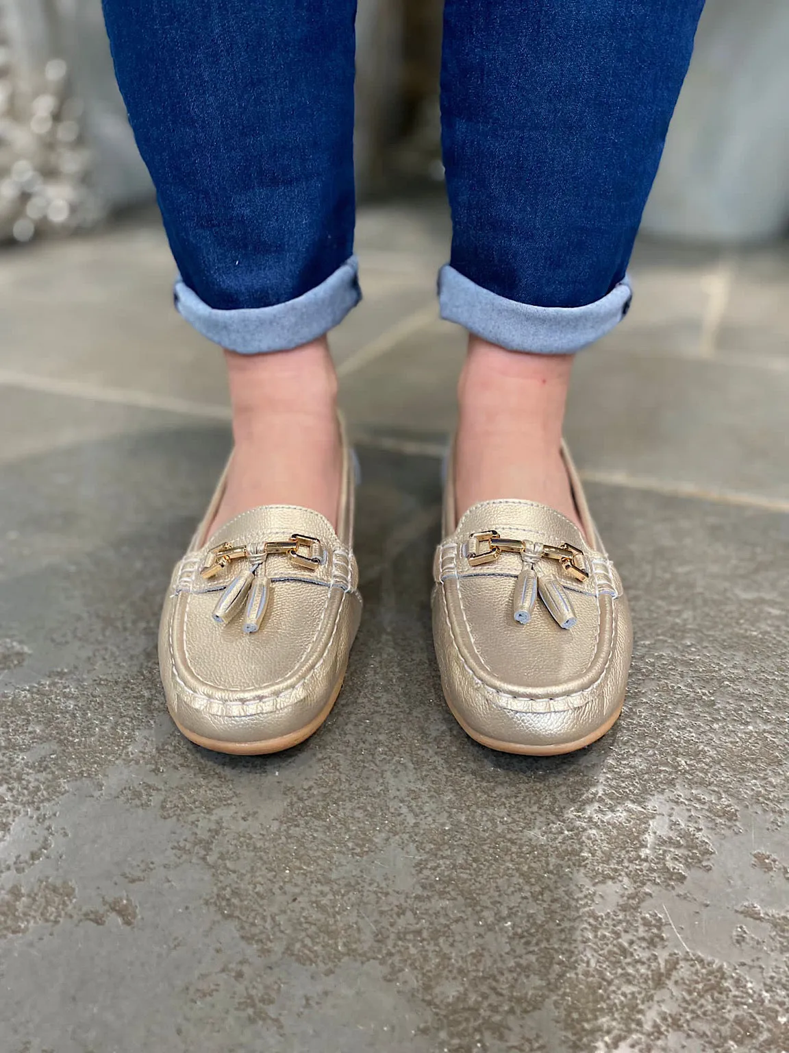 Gold Leather Tassel Loafer Size 8