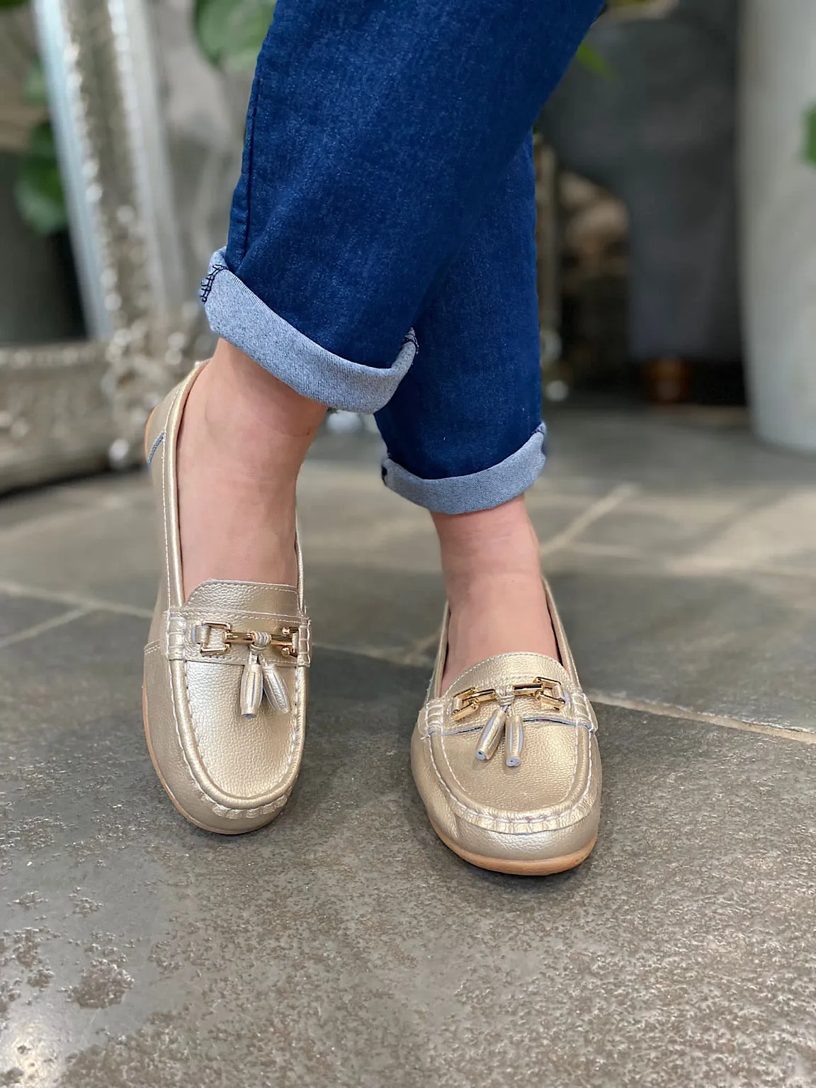 Gold Leather Tassel Loafer Size 8