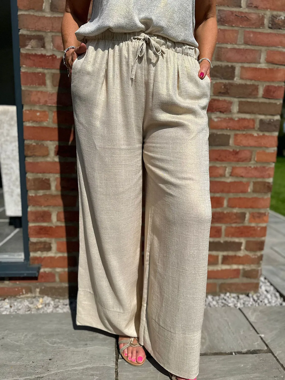 Gold Linen Blend Wide Leg Drawstring Trousers