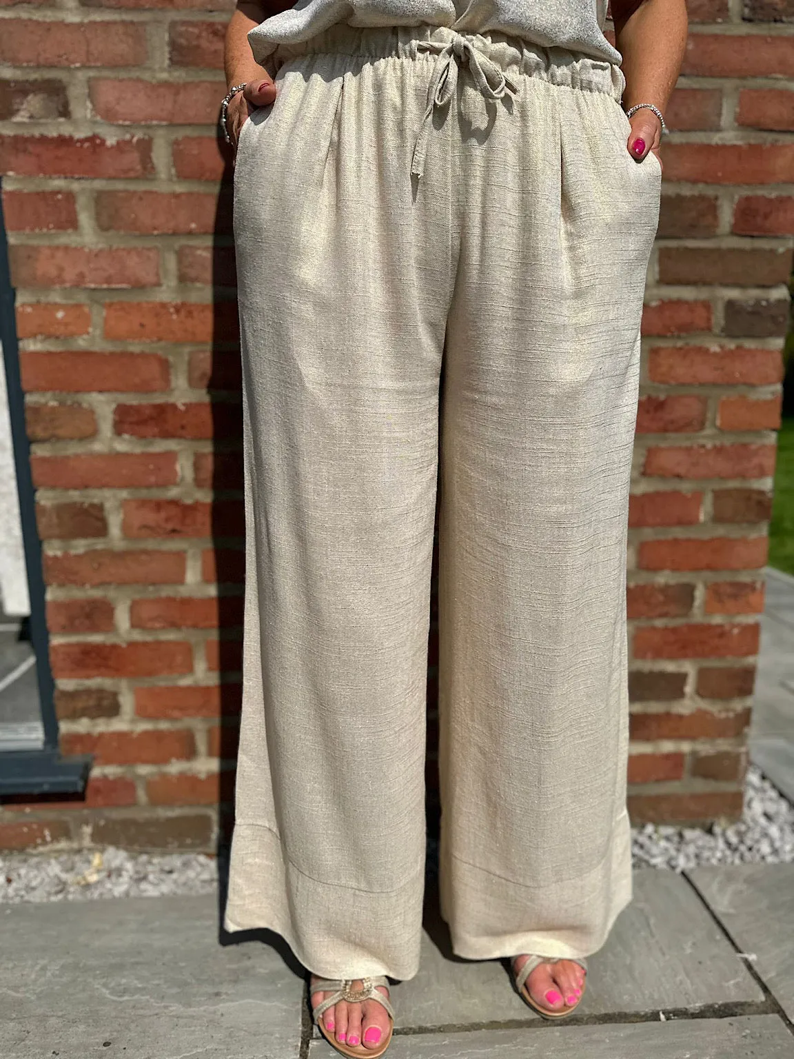 Gold Linen Blend Wide Leg Drawstring Trousers