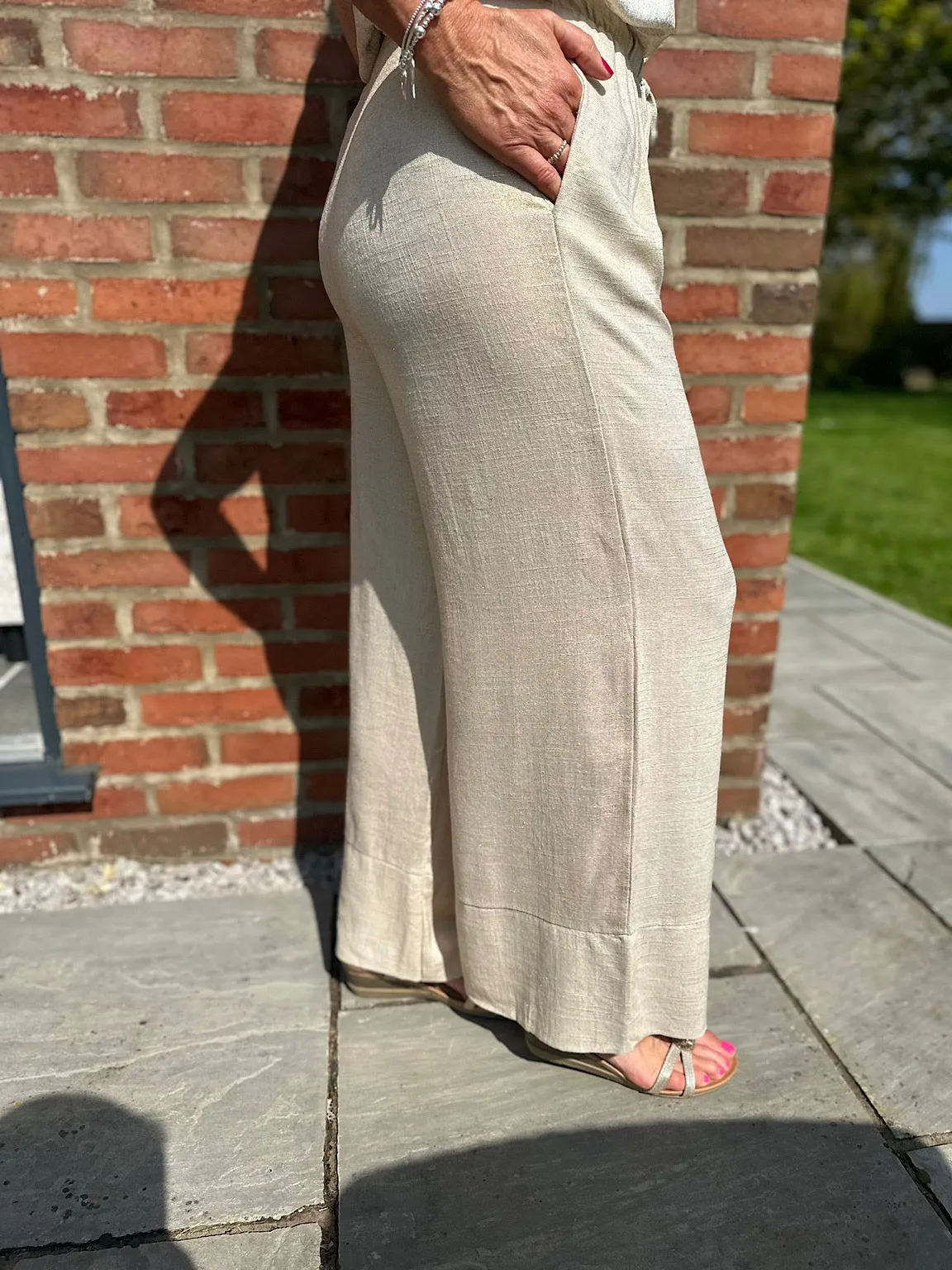 Gold Linen Blend Wide Leg Drawstring Trousers