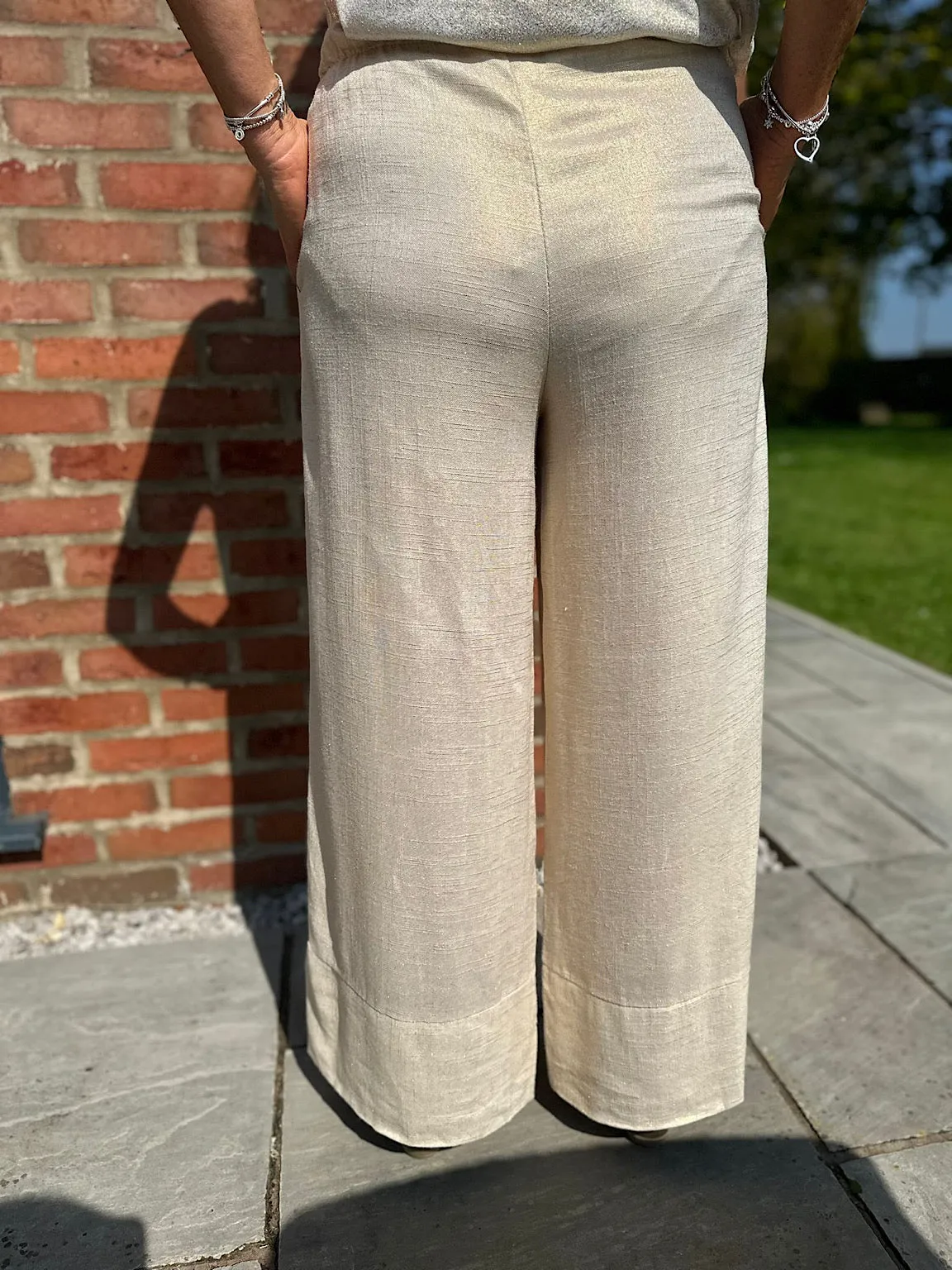 Gold Linen Blend Wide Leg Drawstring Trousers