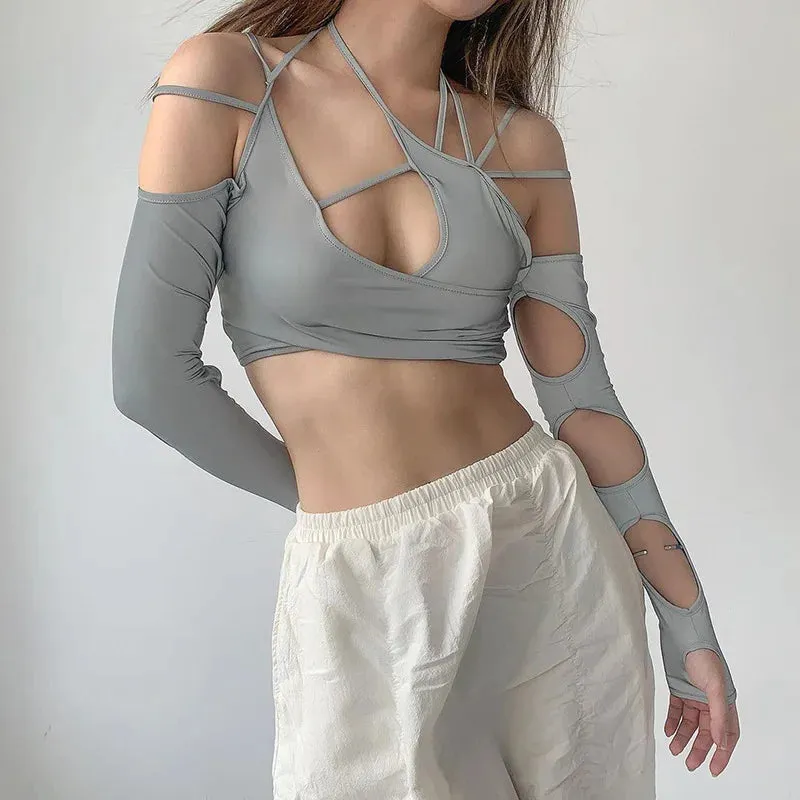 Grey Gothic Patchwork Crop Top - Long Sleeves