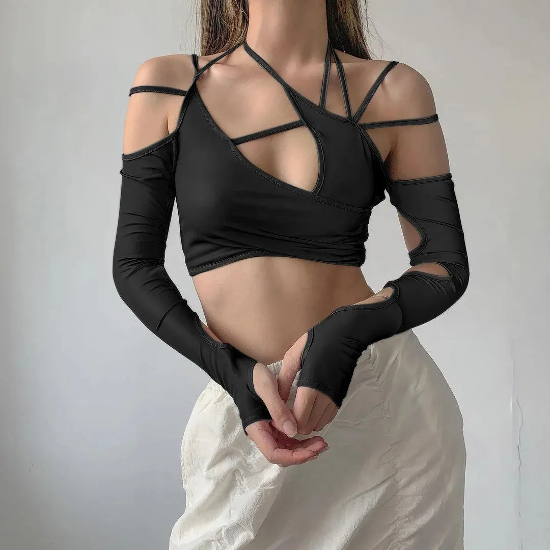 Grey Gothic Patchwork Crop Top - Long Sleeves