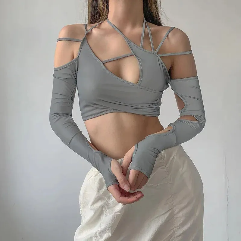 Grey Gothic Patchwork Crop Top - Long Sleeves