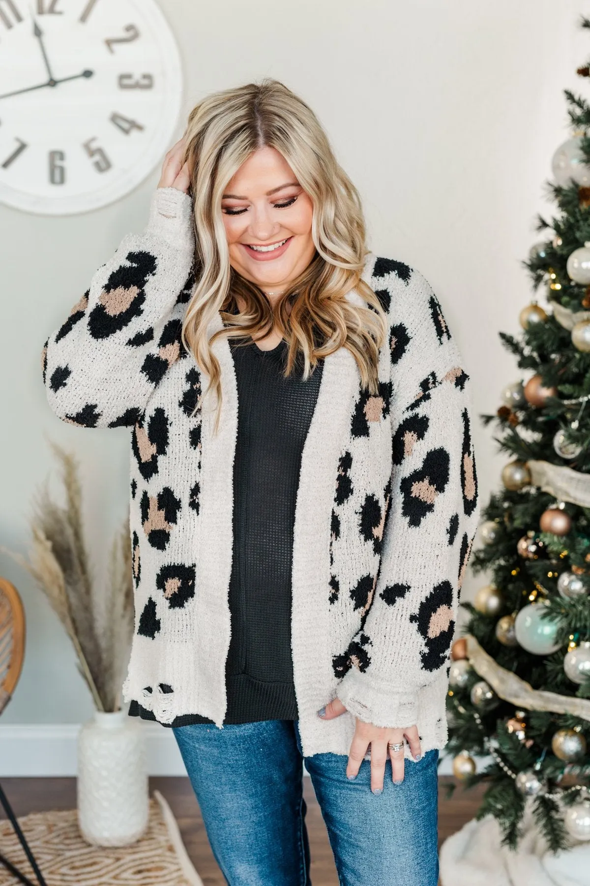 Happier With You Heavy Knit Cardigan- Leopard