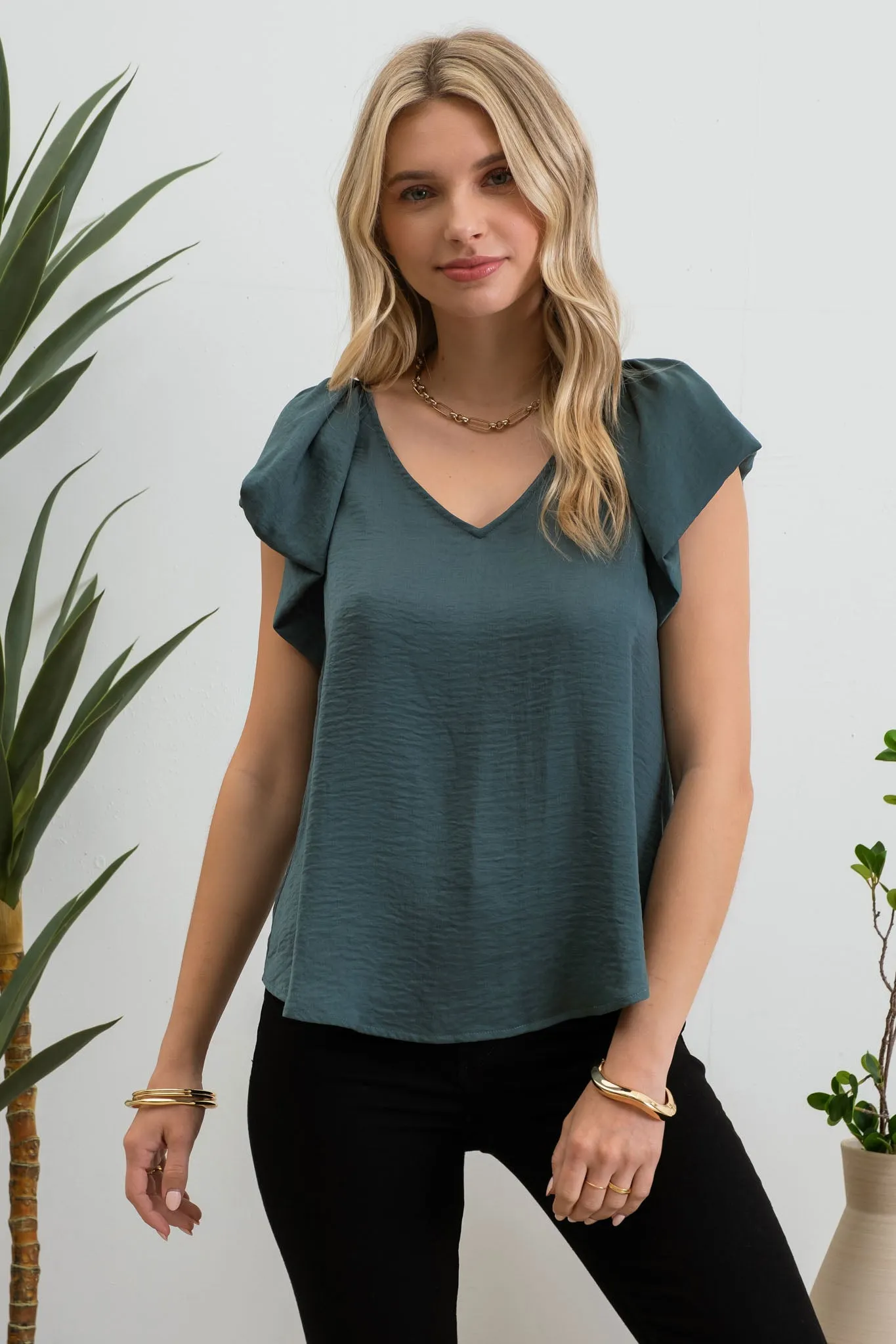 Hunter Green Satin Puff Sleeve Top