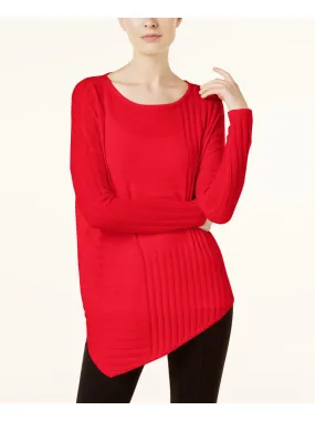 INC Womens Red Long Sleeve Jewel Neck Hi-Lo Top