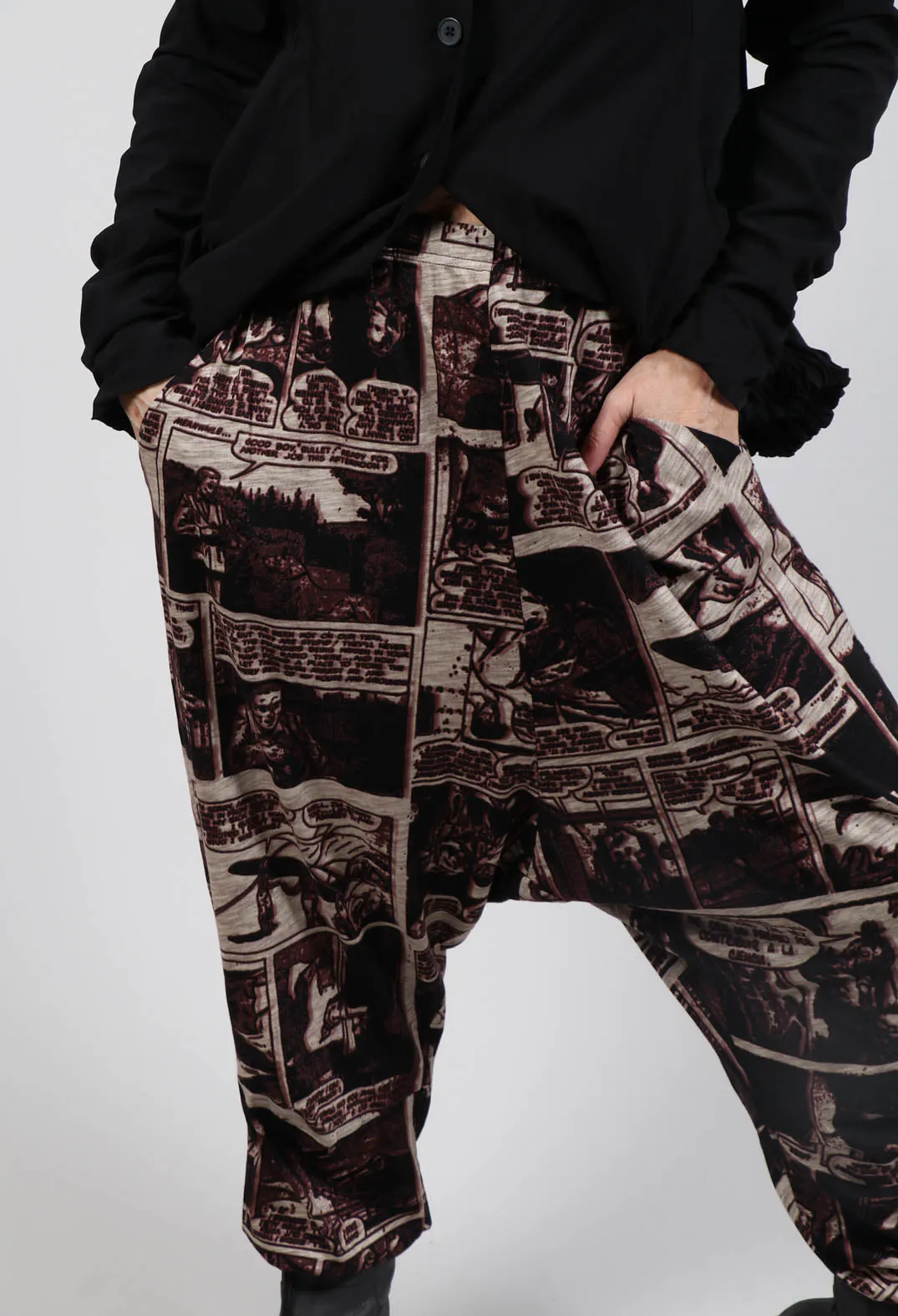 Jersey Drop Crotch Trousers in Wood Print