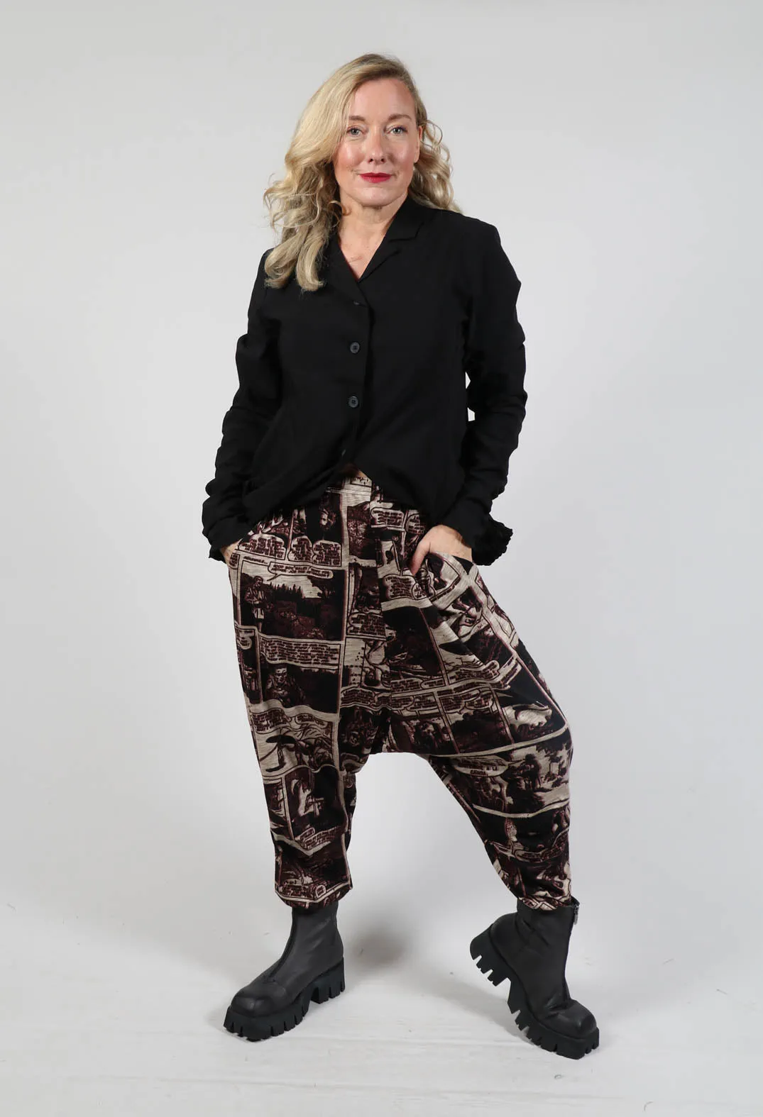 Jersey Drop Crotch Trousers in Wood Print