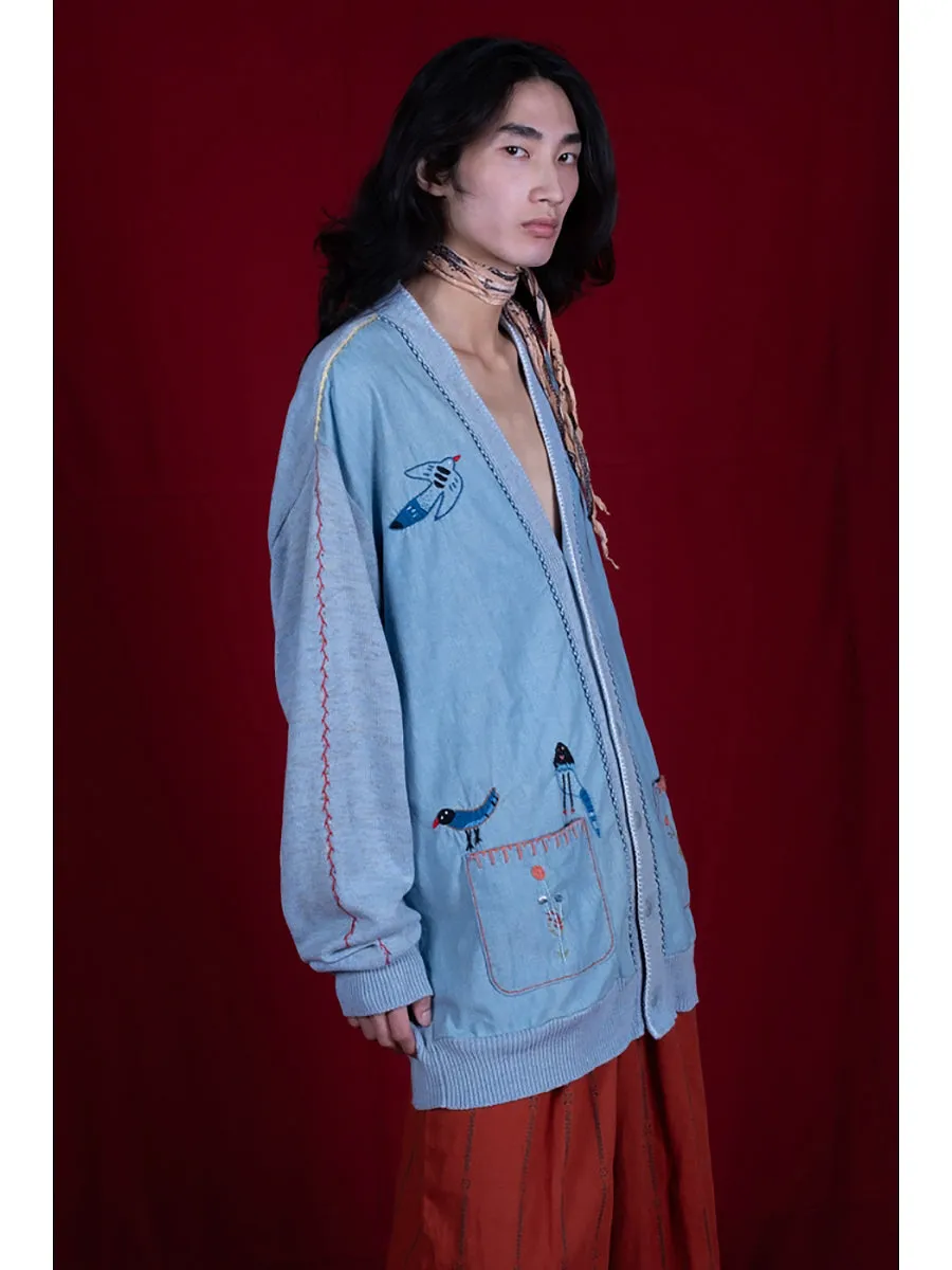 Kapital Knit x Chambray Cardigan (Magpie Embroidery)