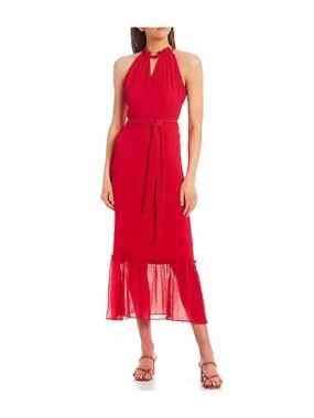 KENSIE Womens Red Cut Out Ruffled Tie Tiered Keyhole Sleeveless Halter Maxi Evening Fit + Flare Dress