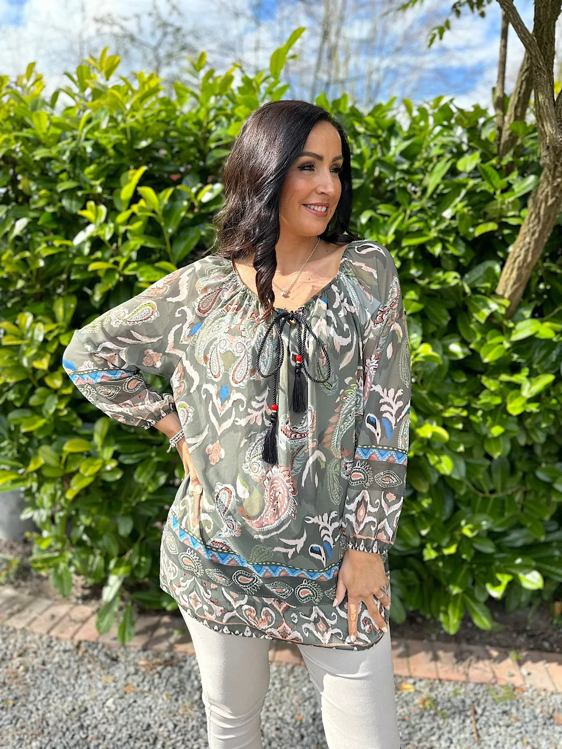 Khaki Layered Paisley Print Blouse Ashleigh