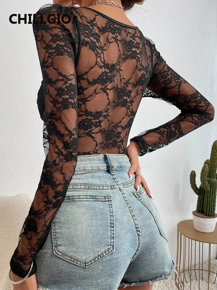 Lace Rompers Sexy Long Sleeves Sheer Bodysuit