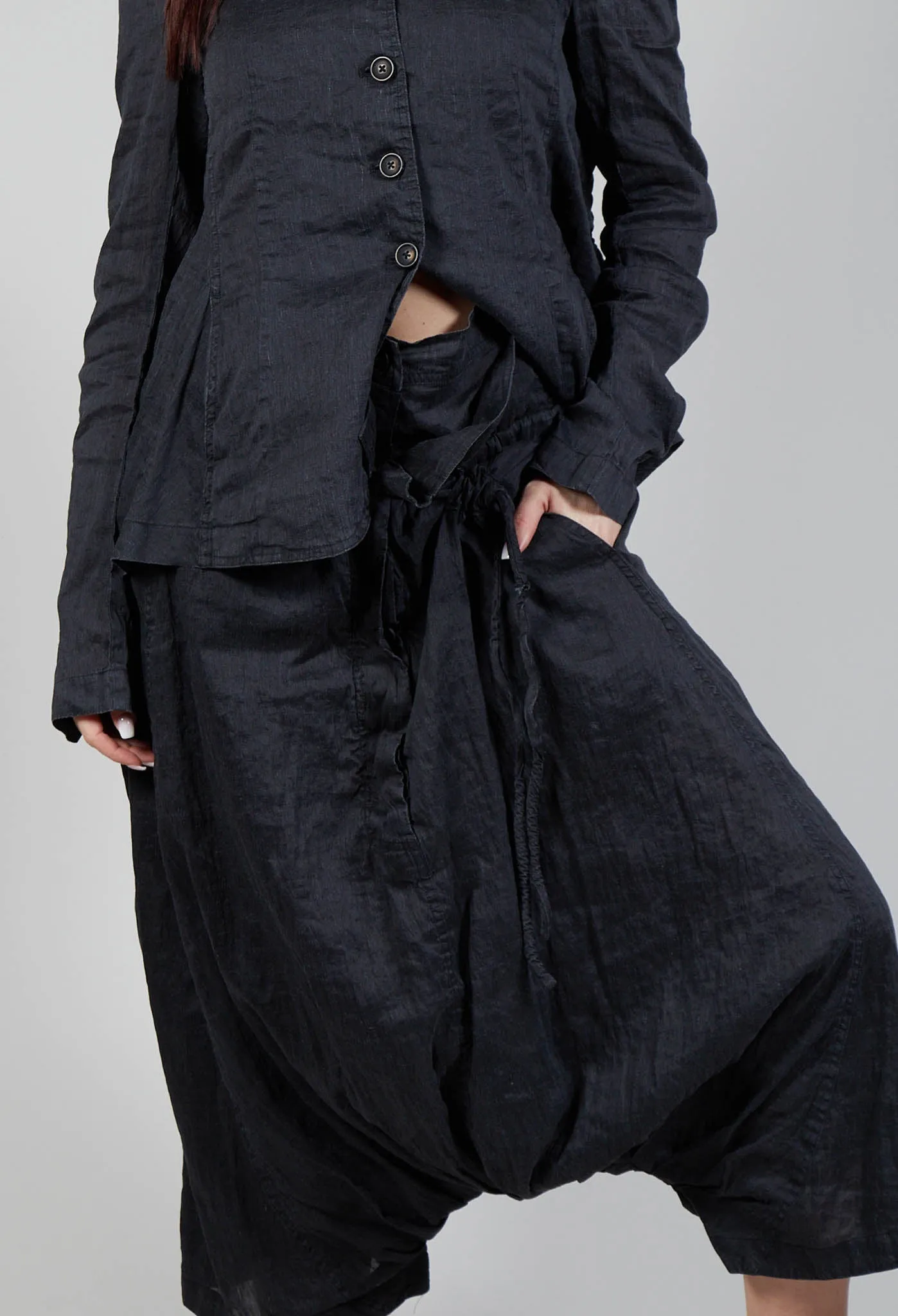 Layered Drop-Crotch Trousers in Blk Melange