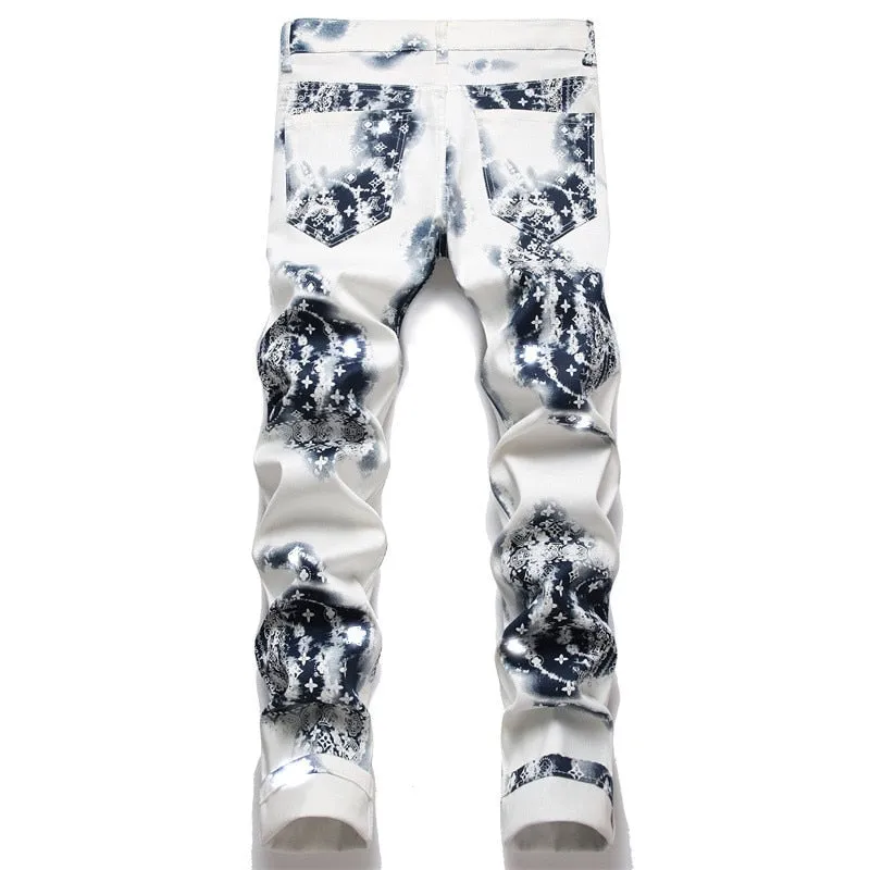 Men's Cotton Digital Print Slight Elasticity Mid-waist Skinny Jeans Pants