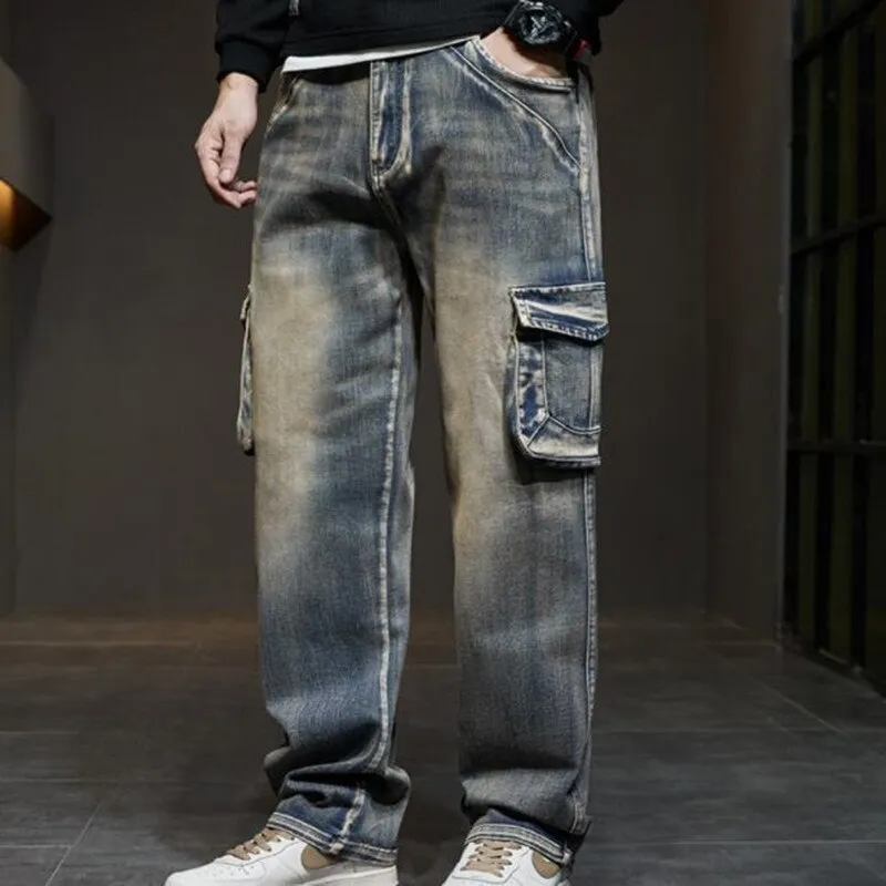 Men's Hip Hop Casual Mid-Waist Straight Leg Baggy Denim Trousers