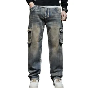 Men's Hip Hop Casual Mid-Waist Straight Leg Baggy Denim Trousers