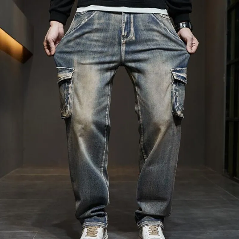 Men's Hip Hop Casual Mid-Waist Straight Leg Baggy Denim Trousers